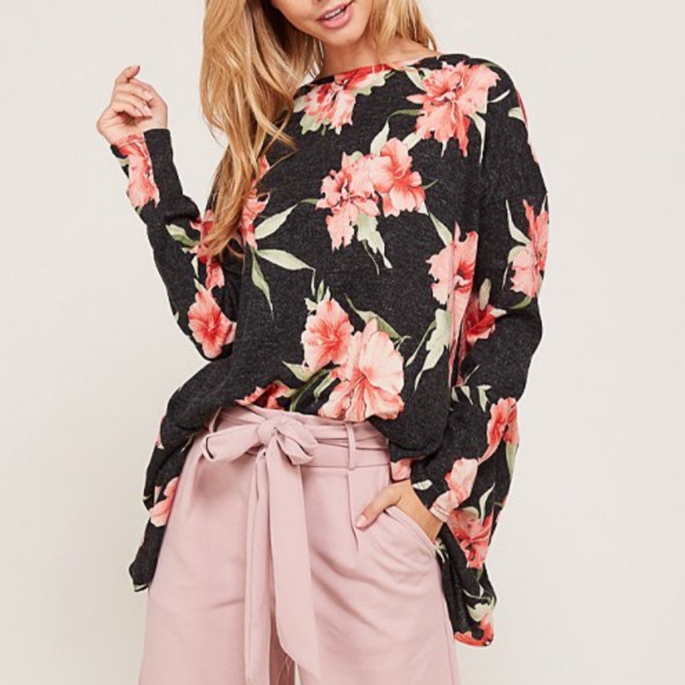 Black & Coral Floral Boatneck Oversized Top